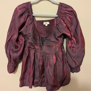 Entro Women’s Iridescent Burgundy Smocked 3/4 Bell Sleeve Babydoll Blouse